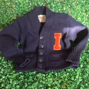 Illini varsity navy blue Cardigan with Bright Orange block I